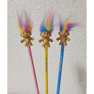 THREE GOOD LUCK TROLL PENCILS w/RAINBOW HAIR - Russ Troll Doll - NEW